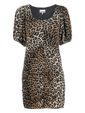 GANNI Womens Leopard Print Ruched Puff Sleeve Double Lined Mesh Mini Dress 34